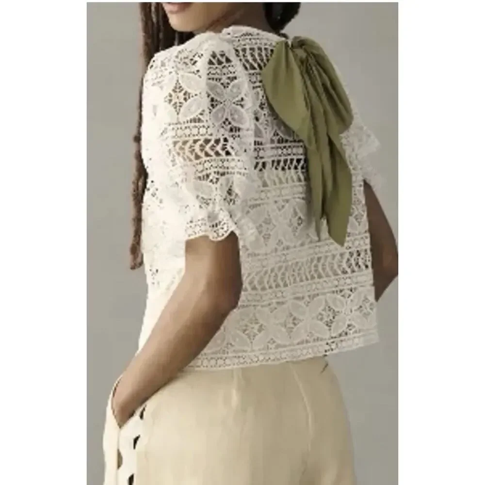 Dolan Anthropologie Lace Top Women's Large Ivory Puff Sleeve Bow Back Lined